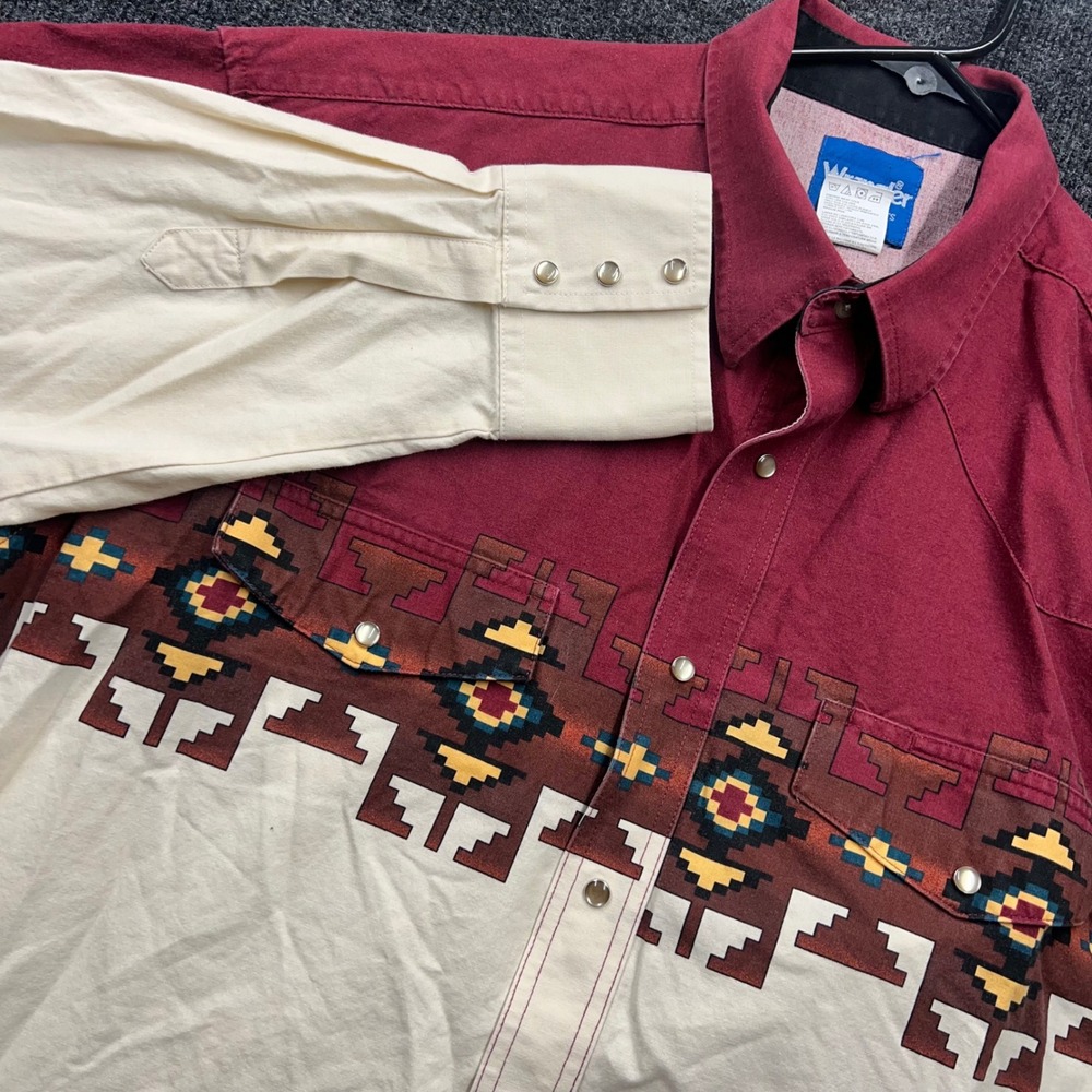 Vintage Wrangler Western Shirt XL Burgundy Cream Aztec Tribal Pearl Snap MC6501M